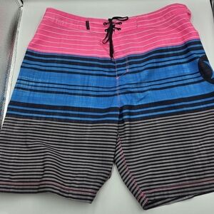 Hurley‎ Strands Board Short Mens Size 34 Photo Blue Pink Stripes EUC Pool, Beach